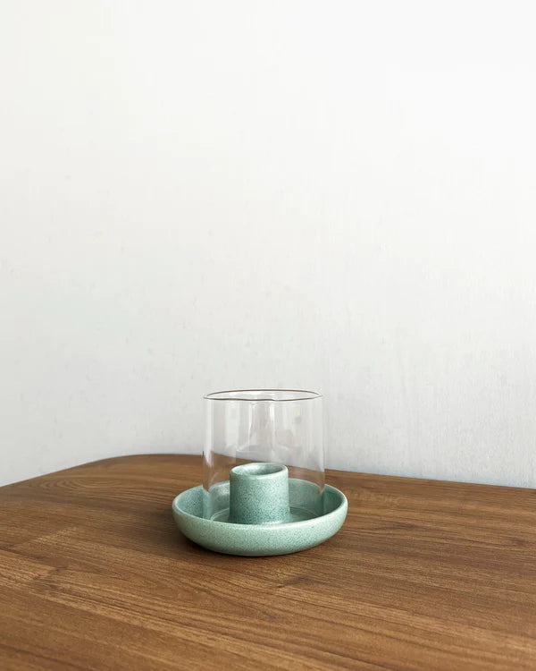 Teal Candle Holder With Glass Chimney