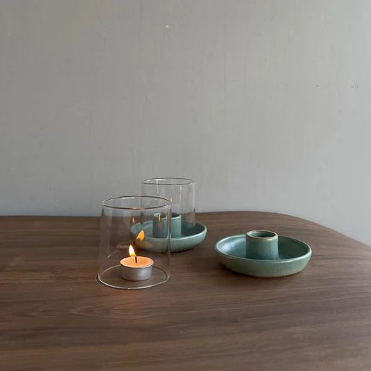 Teal Candle Holder With Glass Chimney