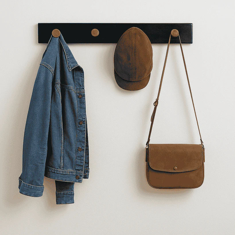 Black Base Teak Wall Hook Rack