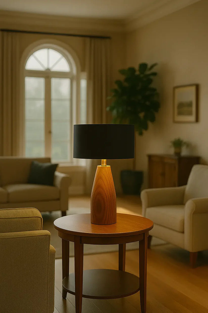 Rosewood Table Lamp with Black Fabric Shade