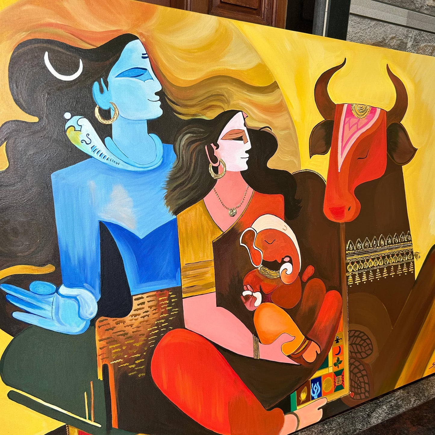 Abstract Shiva Parivar Acrylic Painting