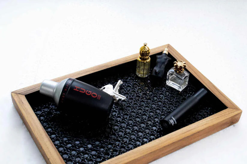 Black Rattan & Teak Tray