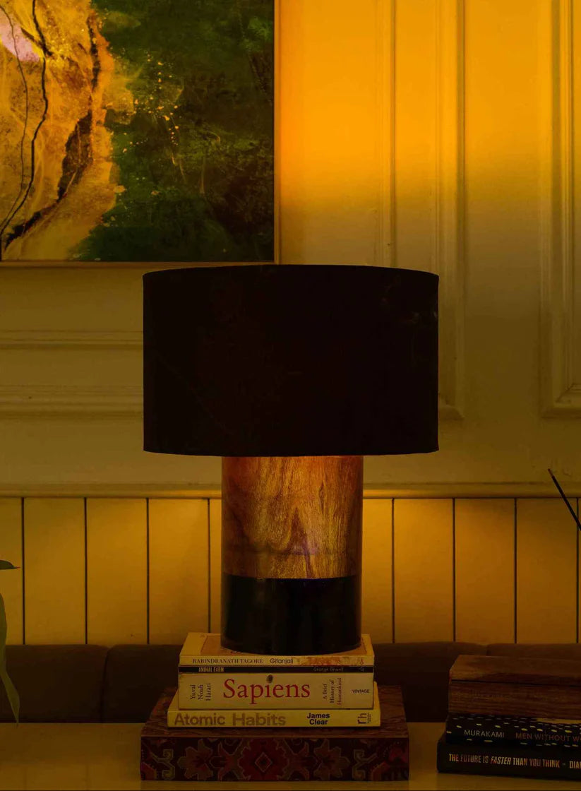 Dual-Tone Rosewood Table Lamp with Black Shade