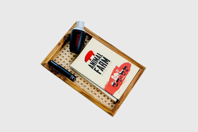 Set of 3 Natural Rattan & Teak Tray