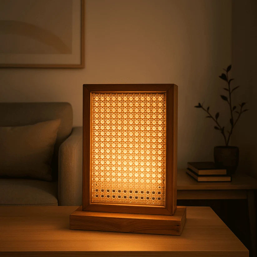 Teak Wood & Cane Table Lamp