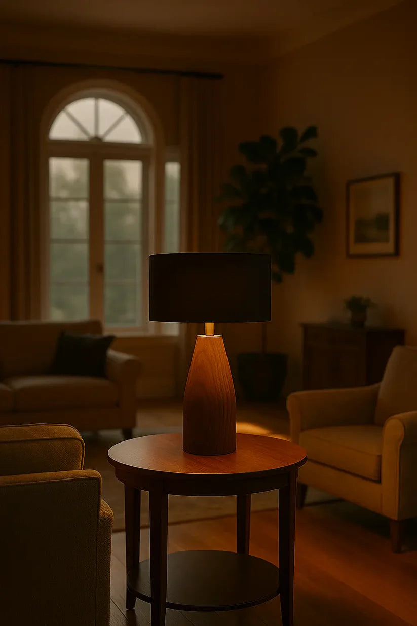 Rosewood Table Lamp with Black Fabric Shade