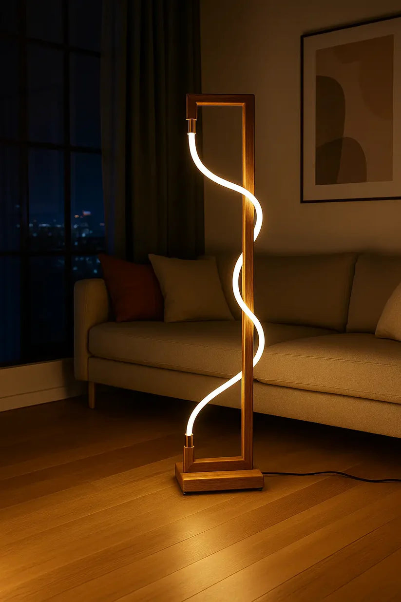 Luminous Spiral – Sculptural Sheesham Wood Floor Lamp