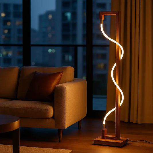 Luminous Spiral – Sculptural Sheesham Wood Floor Lamp