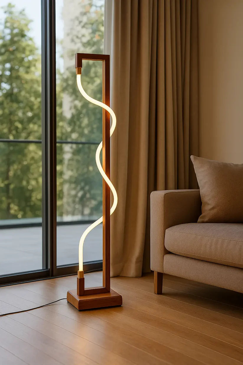 Luminous Spiral – Sculptural Sheesham Wood Floor Lamp