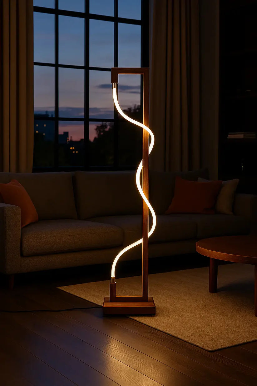 Luminous Spiral – Sculptural Sheesham Wood Floor Lamp