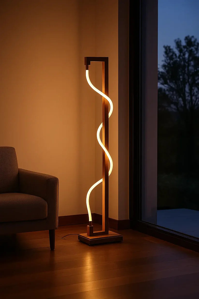 Luminous Spiral – Sculptural Sheesham Wood Floor Lamp