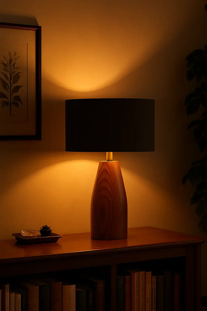 Rosewood Table Lamp with Black Fabric Shade