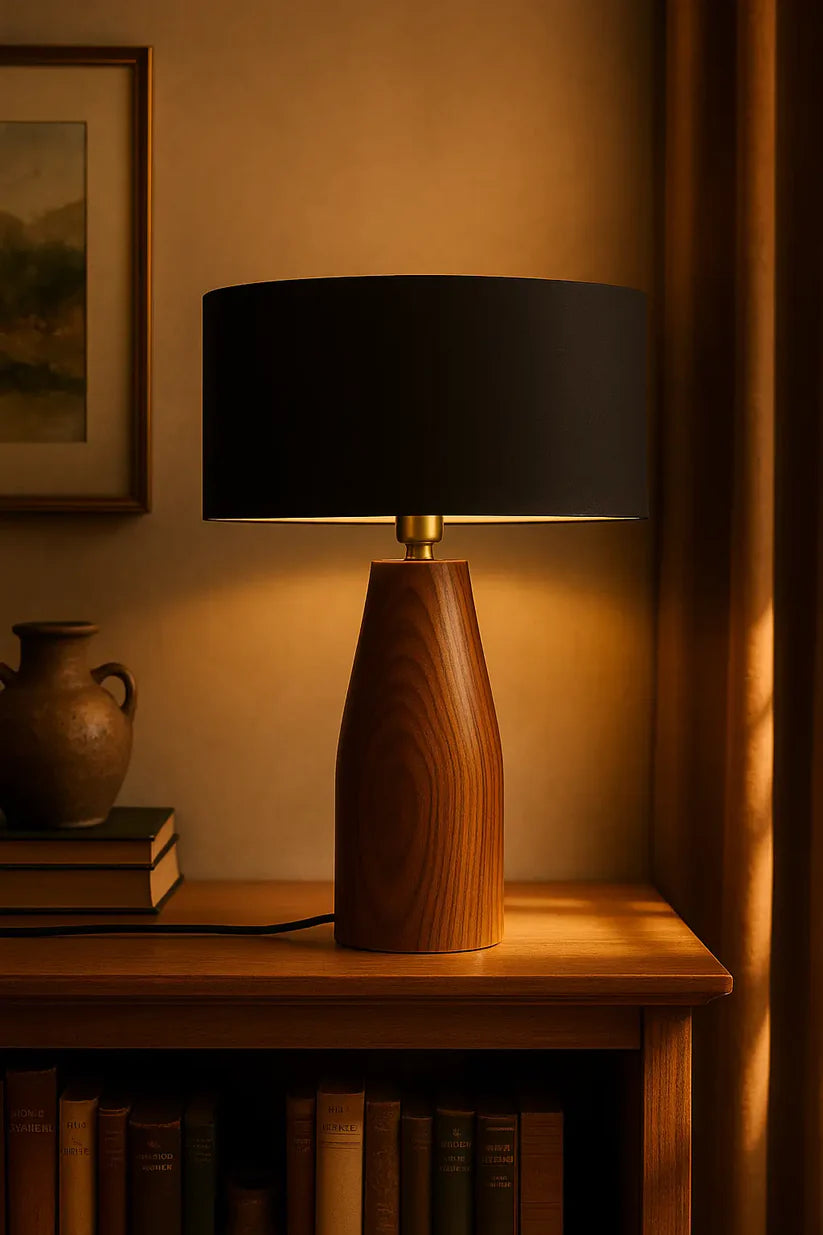Rosewood Table Lamp with Black Fabric Shade