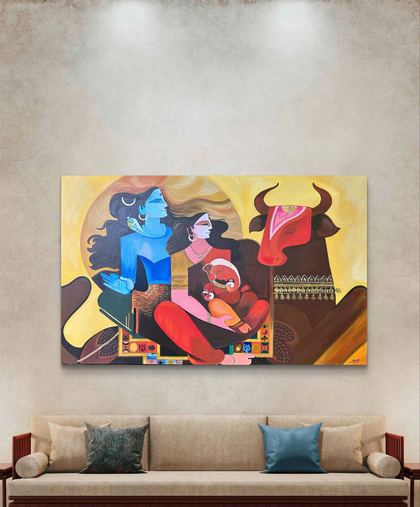 Abstract Shiva Parivar Acrylic Painting