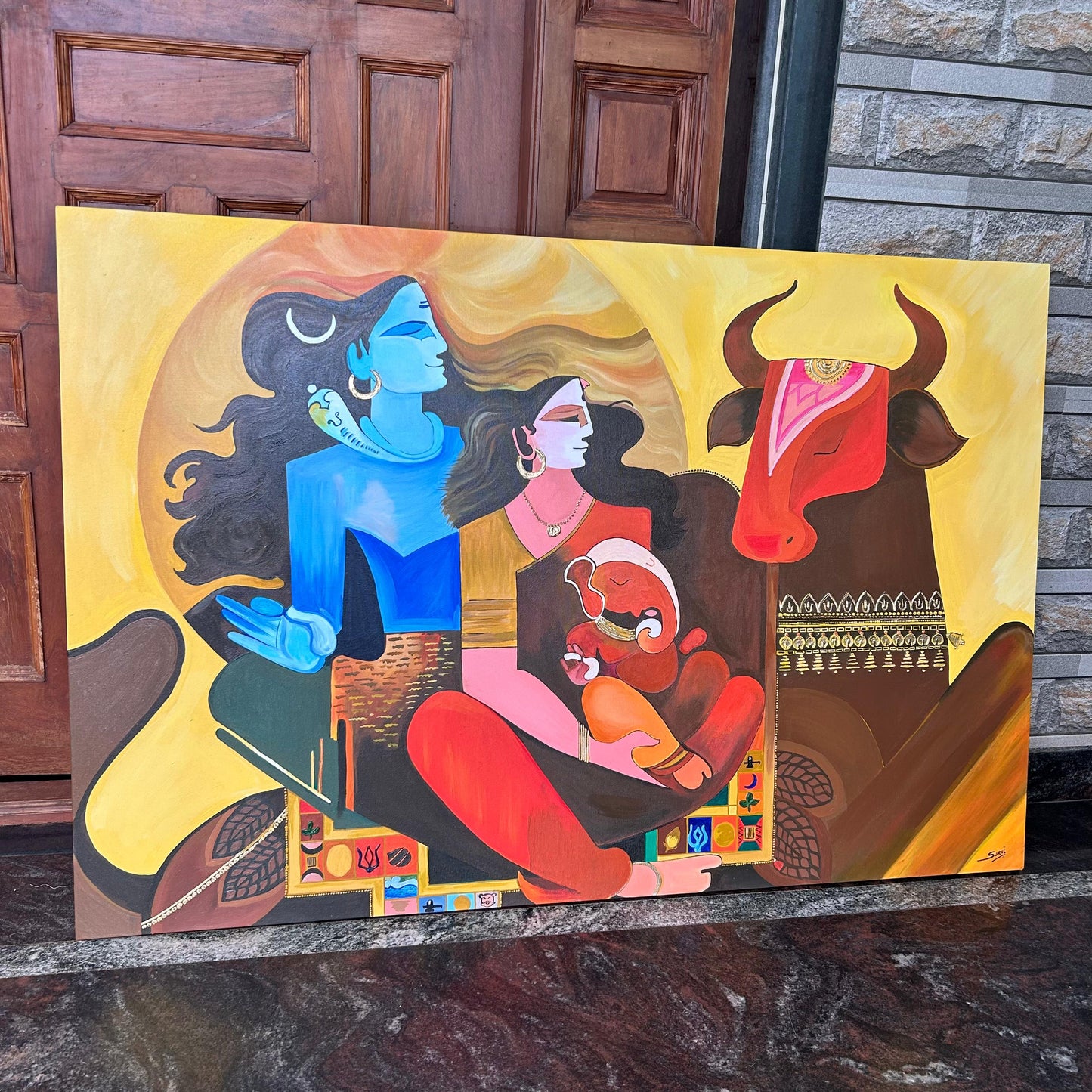 Abstract Shiva Parivar Acrylic Painting