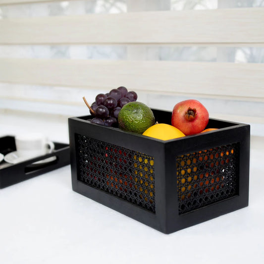 Black Rattan & Teak Storage Basket