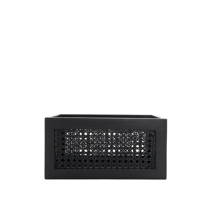 Black Rattan & Teak Storage Basket