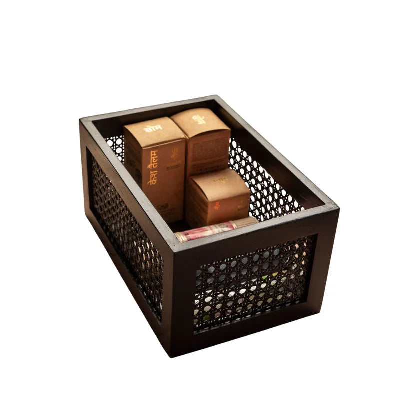 Black Rattan & Teak Storage Basket