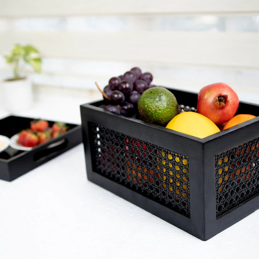 Black Rattan & Teak Storage Basket
