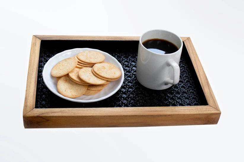 Black Rattan & Teak Tray