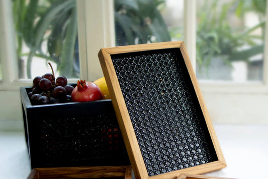 Black Rattan & Teak Tray