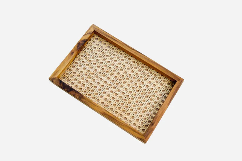 Natural Rattan & Teak Tray – Handmade Elegance (Medium)