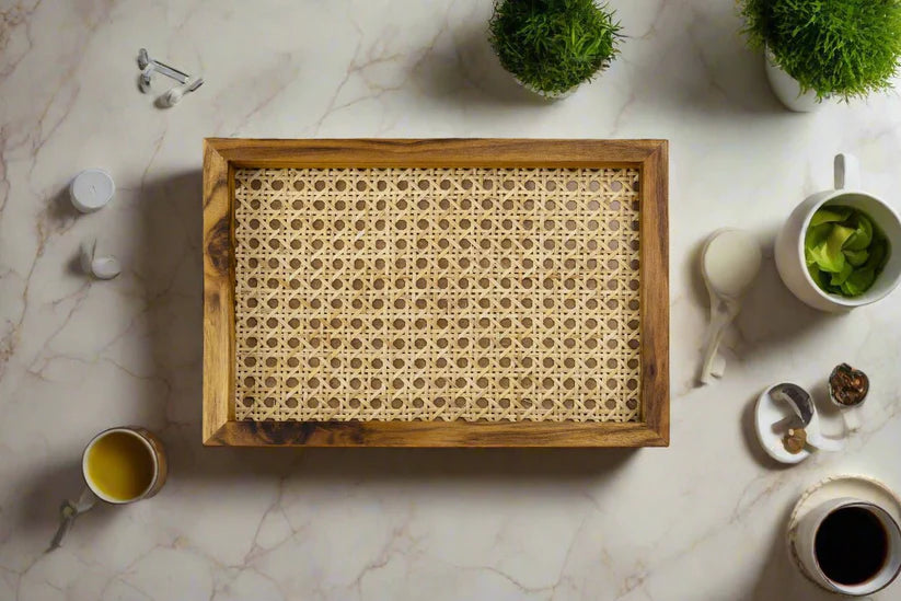 Natural Rattan & Teak Tray – Handmade Elegance (Medium)