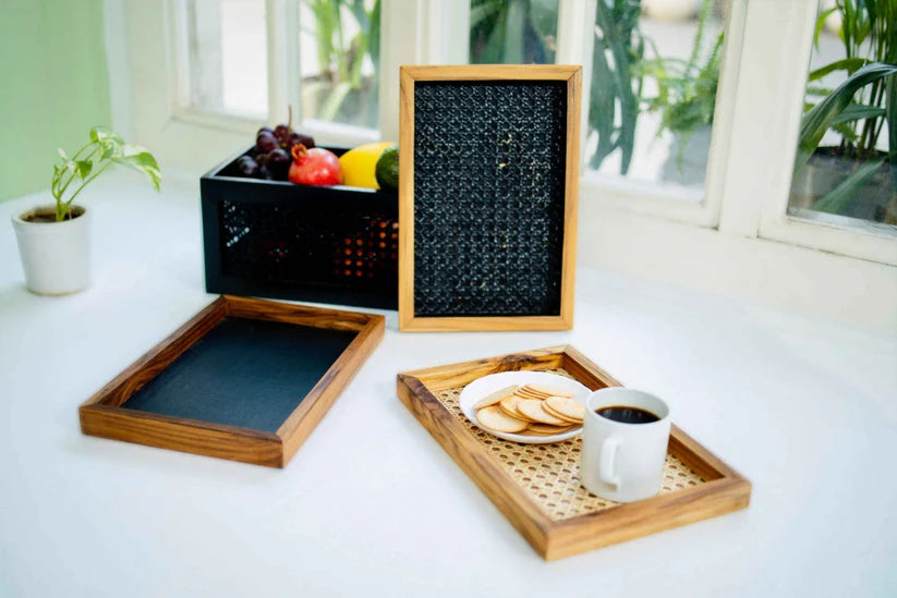 Set of 3 Natural Rattan & Teak Tray