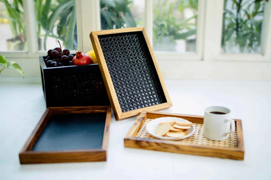 Set of 3 Natural Rattan & Teak Tray