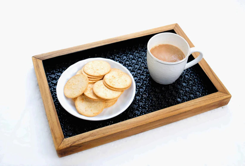 Set of 3 Natural Rattan & Teak Tray