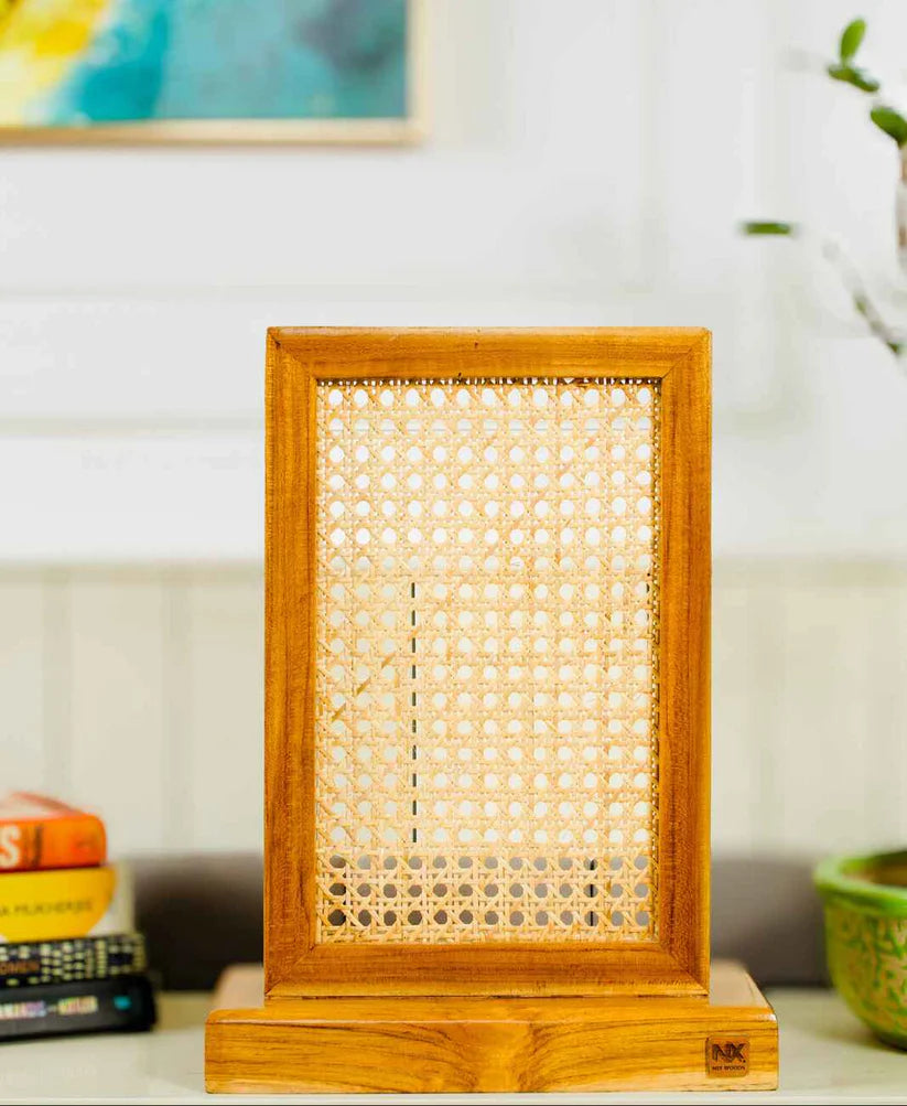 Teak Wood & Cane Table Lamp
