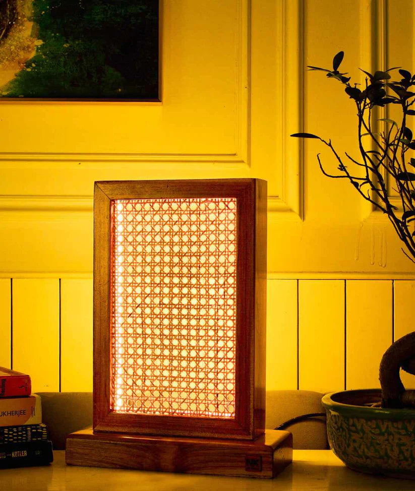 Teak Wood & Cane Table Lamp