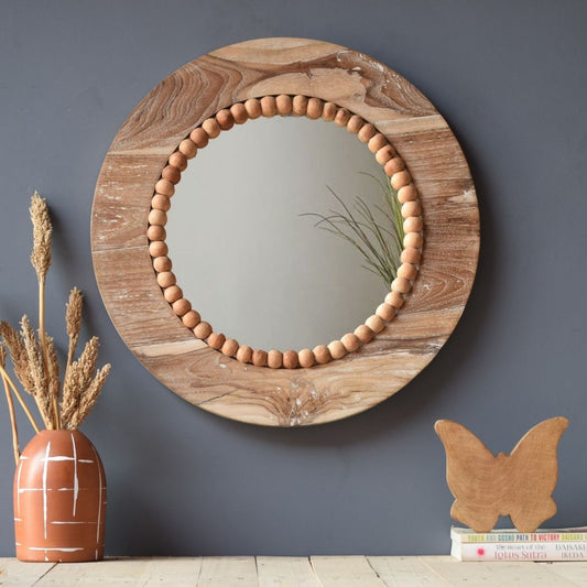 Solid Wood Earthy Round Wall Mirror